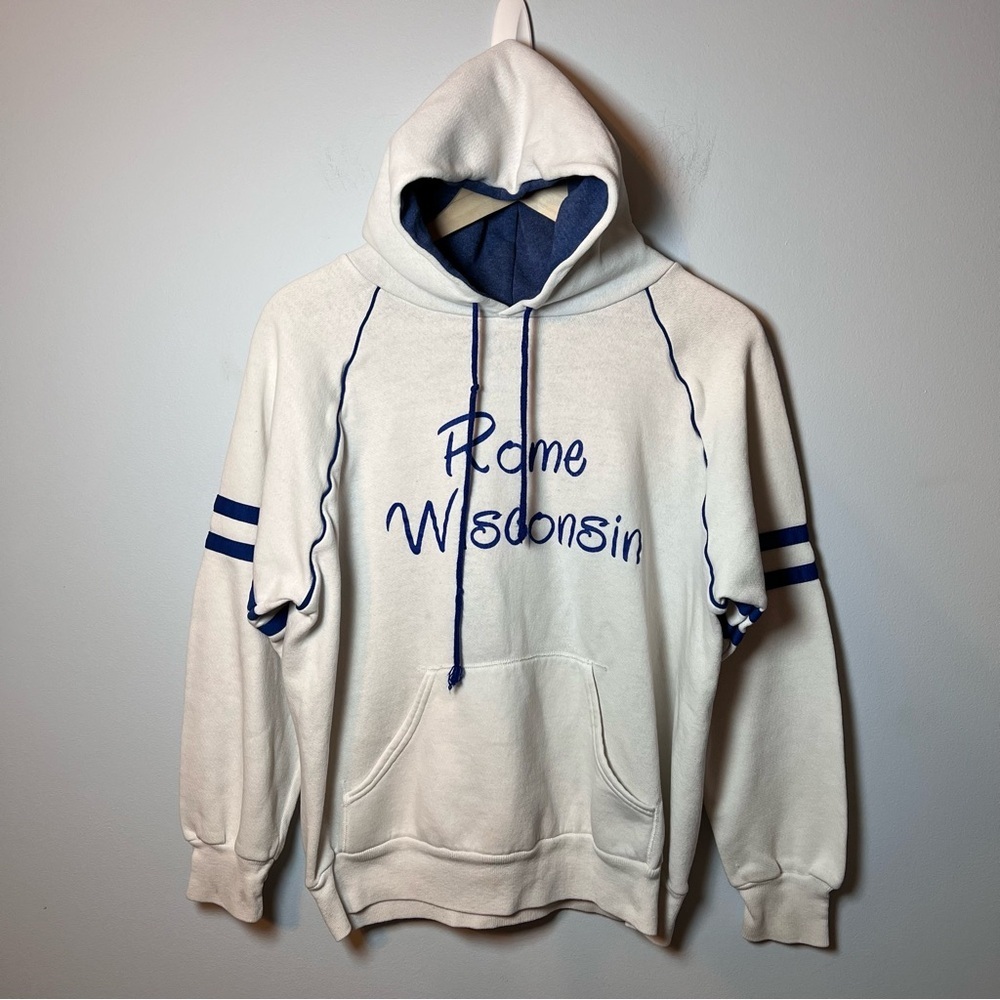 Vintage Rome Wisconsin Hoodie Size Large White Blue Sweatshirt 80’s Made USA